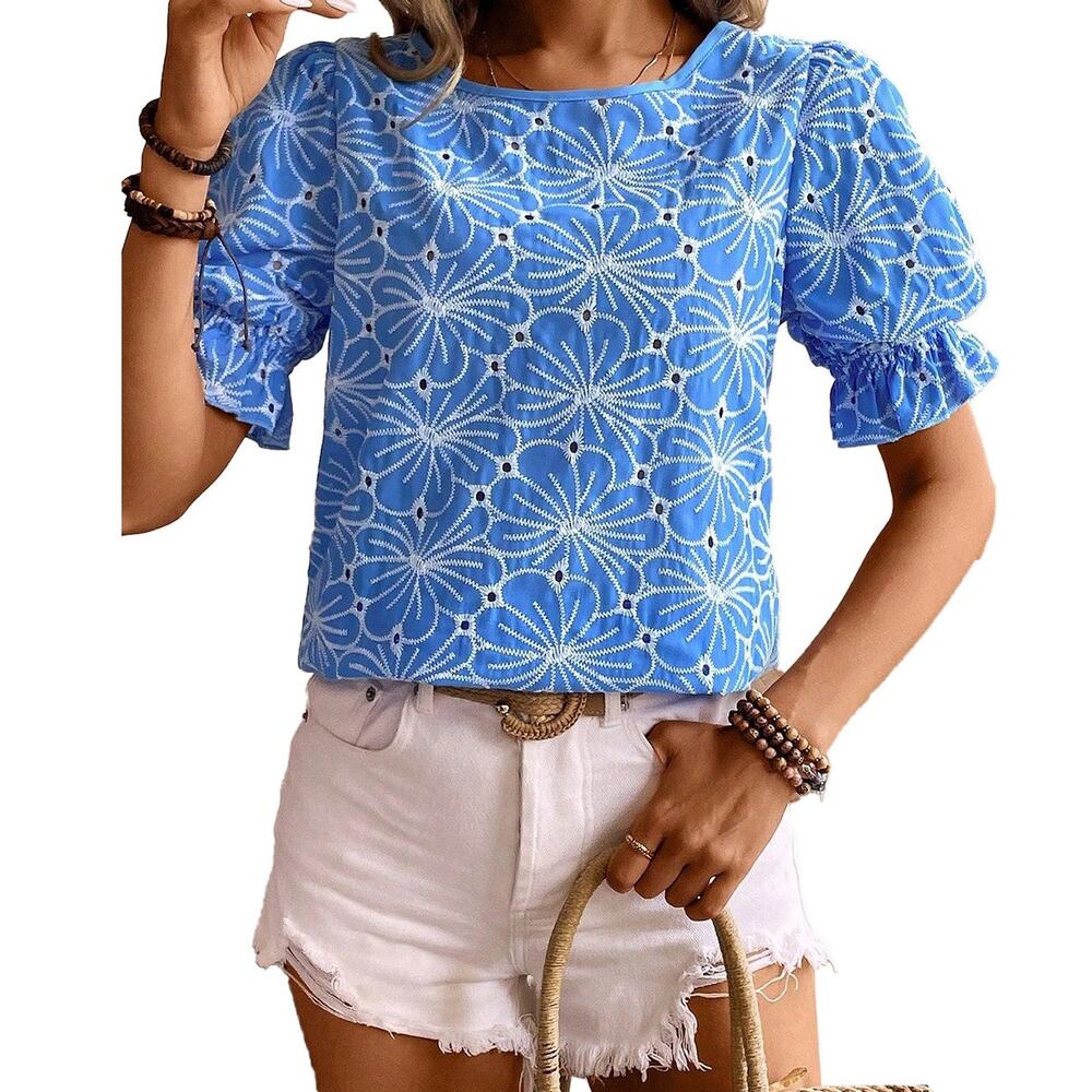 Sky Blue Eyelet Flower Embroidery Short Puff Sleeve Blouse New